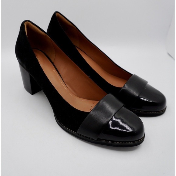 Clarks Farah Brae Black‎ Suede Patent Block Heel Pumps 11 Dark Academia 35-04 - Picture 4 of 14
